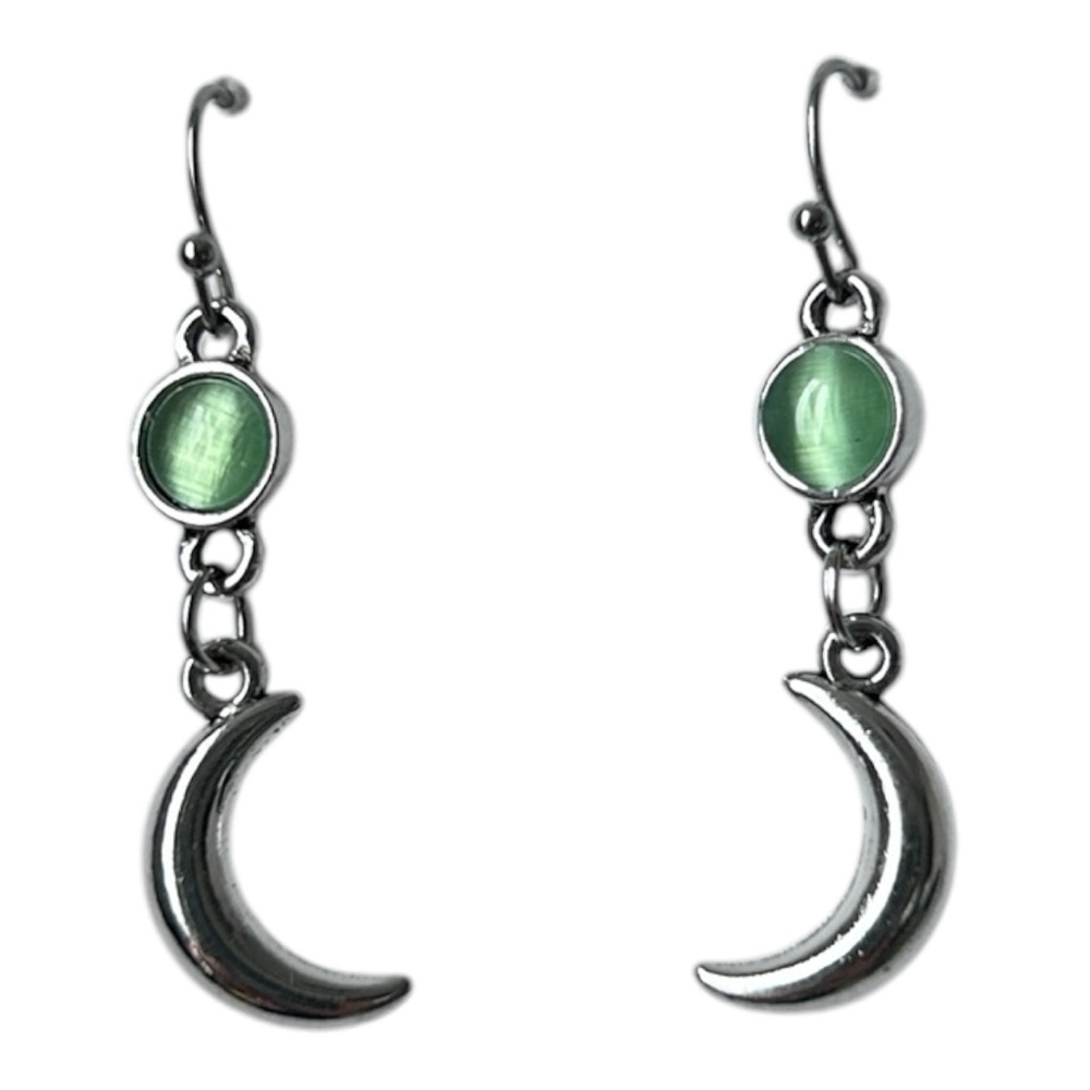 Silver moon green stone earring